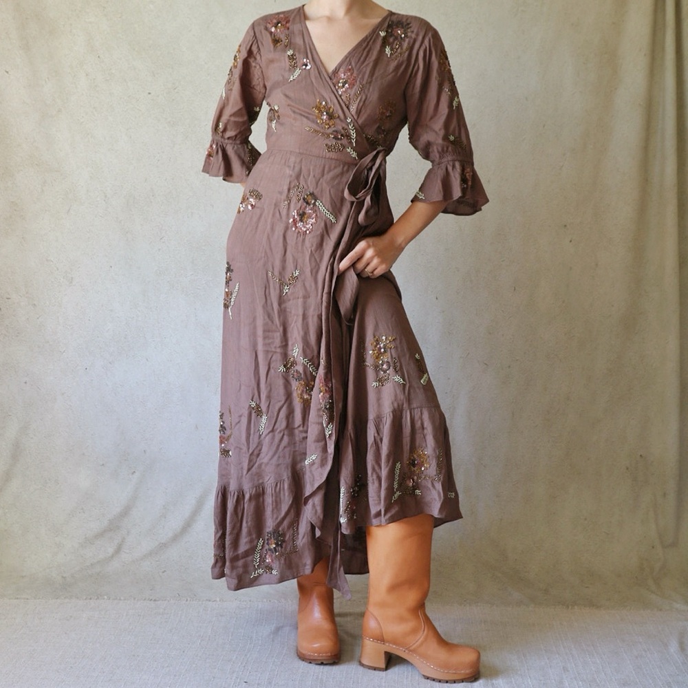 Anthropologie Let Me Be Beaded Sequined Wrap Dress in Dark Brown